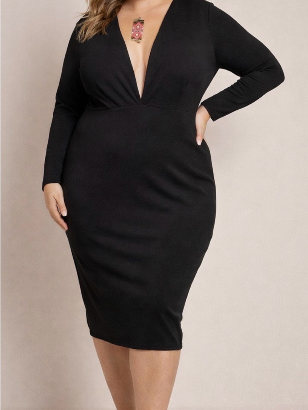 Boohoo Plus Black Plunge Midi Dress Long Sleeve Bodycon Sexy Cocktail Night Out